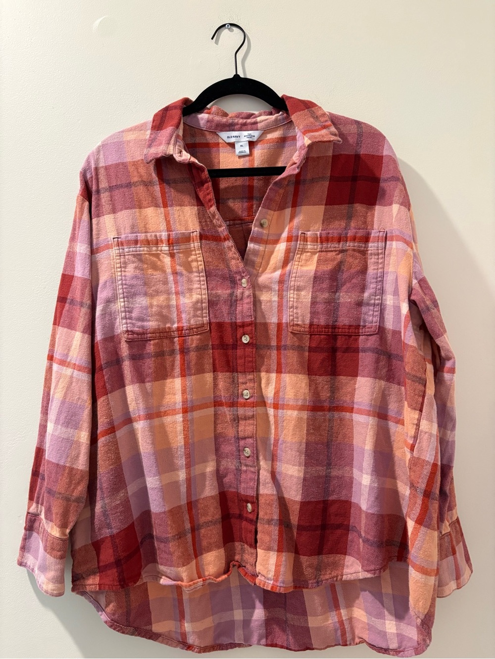 Old Navy Plaid Button-Up Shirt in Pink, Red & Peach